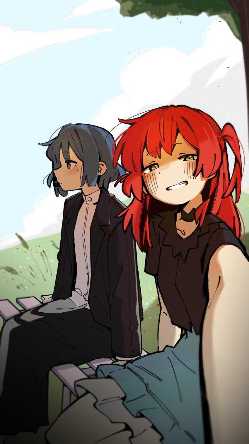 2girls bench black_jacket black_shirt blue_hair bocchi_the_rock! cloud cloudy_sky detached_collar grass green_eyes grin hair_ornament hairclip highres jacket kita_ikuyo looking_at_viewer machuuu68 mole mole_under_eye multiple_girls on_bench open_clothes open_jacket park_bench red_hair selfie shirt sky smile teeth tree white_shirt yamada_ryo yellow_eyes