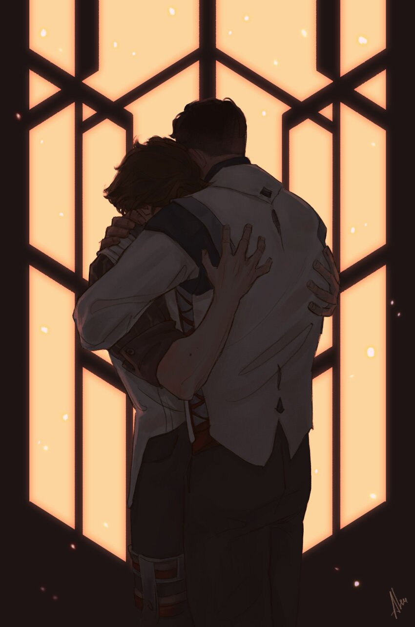 2boys aleurain arcane:_league_of_legends arcane_jayce brown_hair commentary english_commentary feet_out_of_frame hand_on_another&#039;s_shoulder hands_on_another&#039;s_back highres hug jayce_(league_of_legends) knee_brace league_of_legends light_particles long_sleeves male_focus multiple_boys pants shirt short_hair standing viktor_(arcane) viktor_(league_of_legends) white_shirt yaoi