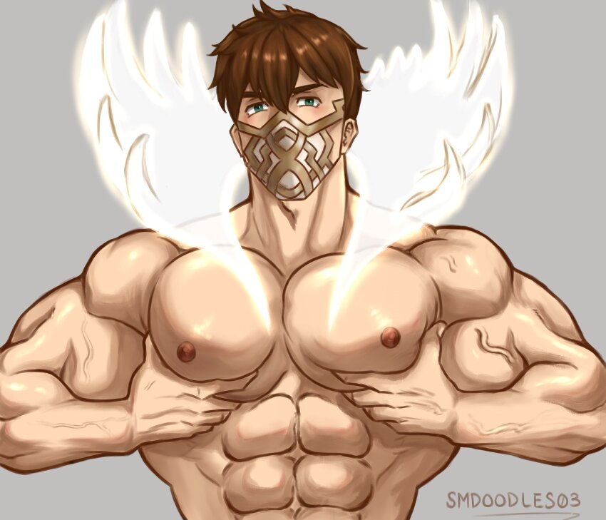 1boy abs antlers bara biceps brown_hair eikthyrnir_(fire_emblem) fire_emblem fire_emblem_heroes glowing_antlers grabbing_own_pectoral green_eyes highres horns large_pectorals looking_at_viewer male_focus mask mouth_mask nintendo nipples pectorals short_hair smdoodles03 solo twitter_username upper_body veins veiny_arms