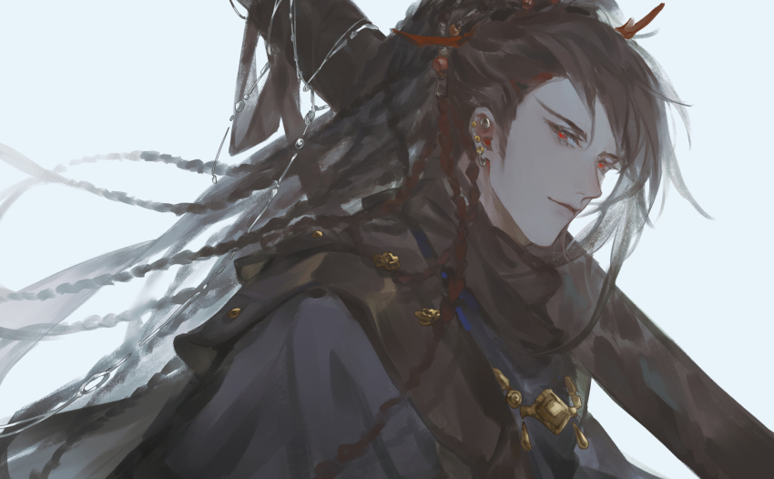 1boy black_hanfu braid brown_hair brown_scarf chinese_clothes closed_mouth ear_piercing earrings hair_ornament hanfu highres holding holding_weapon jewelry jinguang_budaixi long_hair looking_at_viewer male_focus multiple_braids pale_skin piercing qianjin_xiao red_eyes scarf simple_background smile solo upper_body weapon white_background wuxia zhao_yi