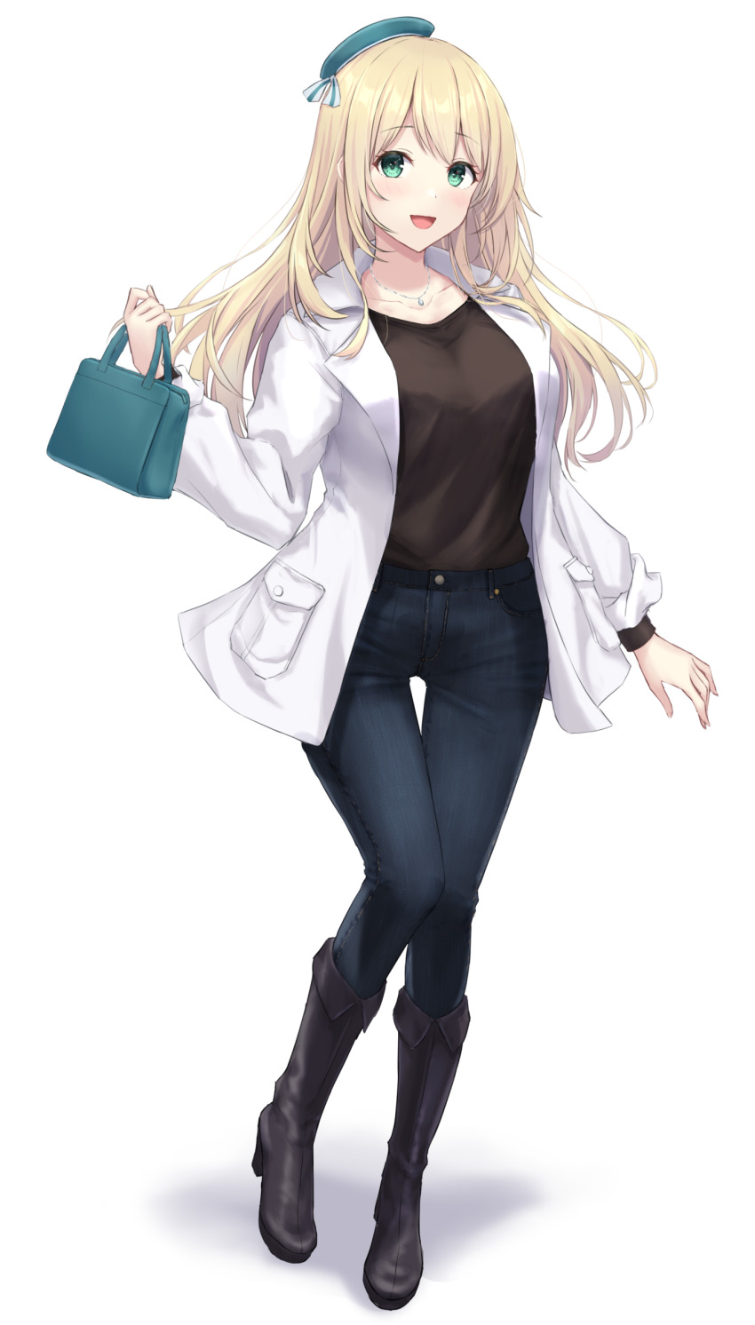 1girl absurdres alternate_costume atago_(kancolle) bag beret black_boots black_shirt blonde_hair blue_pants blush boots collarbone commission denim green_eyes green_hat handbag hat high_heel_boots high_heels highres holding holding_bag jacket jewelry kantai_collection long_hair long_sleeves looking_at_viewer monoku necklace open_clothes open_jacket open_mouth pants shirt shirt_tucked_in simple_background skeb_commission smile solo white_background white_jacket