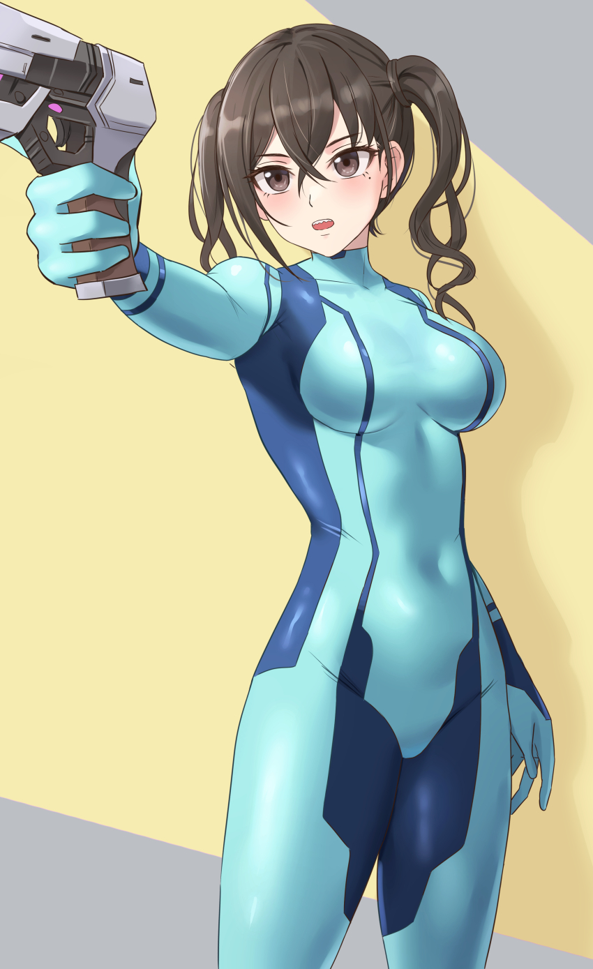 1girl absurdres alternate_costume amayo_thranana blue_bodysuit bodysuit breasts brown_eyes brown_hair collarbone commission cosplay covered_navel groin gun hair_between_eyes highres holding holding_gun holding_weapon idolmaster idolmaster_cinderella_girls looking_afar metroid nintendo open_mouth samus_aran samus_aran_(cosplay) shadow skeb_commission skin_tight solo standing sunazuka_akira teeth turtleneck turtleneck_bodysuit twintails upper_teeth_only weapon zero_suit