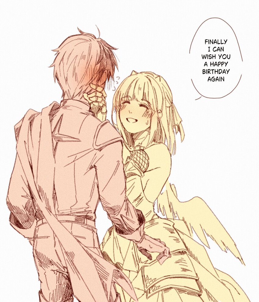 1boy 1girl angel_wings armor armored_skirt blush breasts brown_dust_(series) brown_dust_2 chainmail closed_eyes demon_horns ear_blush embarrassed english_text flying_sweatdrops from_behind gauntlets hand_on_another&#039;s_face highres horns justia_(brown_dust) justia_(reclaimed_destiny)_(brown_dust) lathel_(brown_dust) leotard looking_at_another lttalg71 multiple_monochrome short_hair side_cape sideboob simple_background small_horns speech_bubble white_background wings