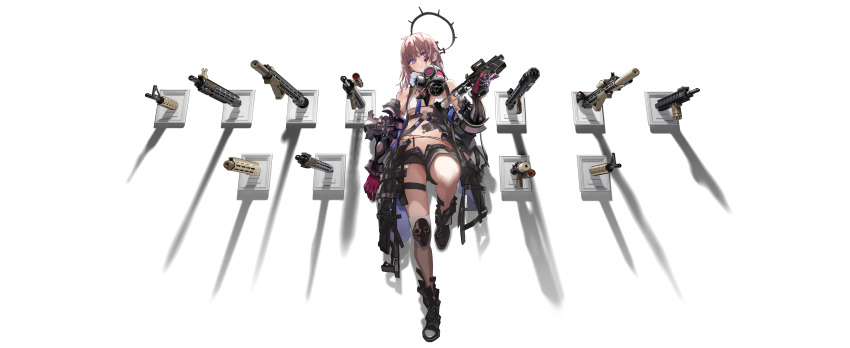 1girl absurdres against_wall ar-15 assault_rifle bikini bikini_top_only blue_eyes foregrip full_body game_cg gas_mask girls&#039;_frontline gun halo highres knee_pads laser_sight lin+ long_hair mask mechanical_arms multicolored_hair navel official_alternate_costume official_art open_fly optical_sight pink_hair ponytail rifle short_shorts shorts solo st_ar-15_(girls&#039;_frontline) st_ar-15_(i_am_chaos)_(girls&#039;_frontline) streaked_hair suppressor swimsuit third-party_source vertical_foregrip weapon white_bikini