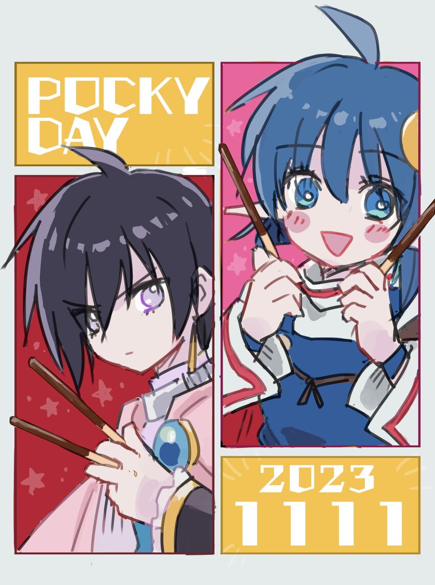 1boy 1girl :d absurdres ahoge black_hair blue_hair blush_stickers cape closed_mouth crescent crescent_hair_ornament crossover dated food hair_ornament highres leon_magnus looking_at_viewer open_mouth pocky pocky_day pointy_ears rena_lanford short_hair smile star_ocean star_ocean_anamnesis star_ocean_the_second_story suuu178 tales_of_(series) tales_of_destiny tales_of_the_rays