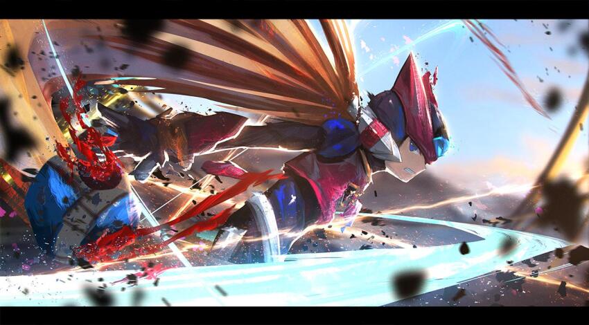 armor attack battle_damage blonde_hair blood blue_eyes blurry blurry_background blurry_foreground energy_sword forehead_jewel helmet holding holding_sword holding_weapon long_hair looking_back mega_man_(series) mega_man_zero_(series) otsumami_(bu-bu-heaven) red_armor red_helmet slashing sword weapon z_saber zero(z)_(mega_man) zero_(mega_man)