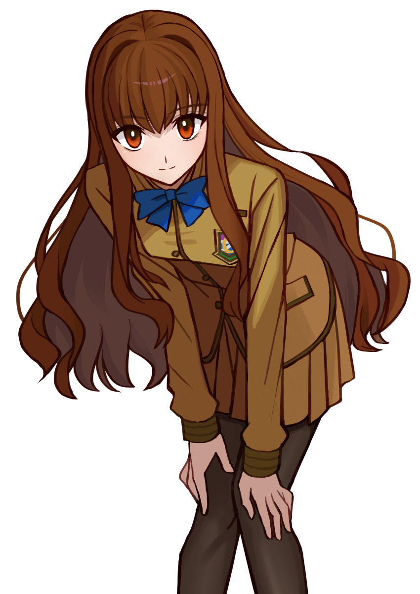 1girl absurdres bent_over blazer blue_bow blue_bowtie bow bowtie brown_eyes brown_hair brown_jacket brown_skirt buttons commentary_request fate/extra fate_(series) hands_on_own_knees highres jacket kishinami_hakuno_(female) korean_commentary long_hair long_sleeves pleated_skirt school_emblem school_uniform second-party_source shintyoi2 simple_background skirt solo standing white_background