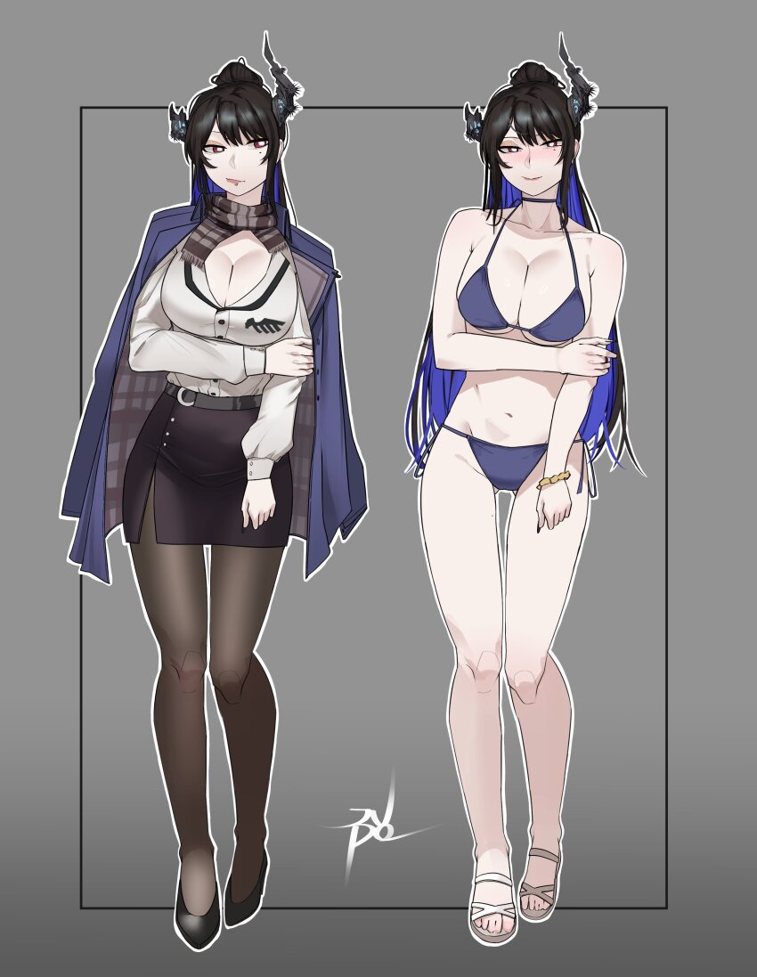 1girl absurdres alternate_costume asymmetrical_horns bikini black_hair black_horns black_pantyhose black_skirt blue_bikini blue_hair blue_jacket blush bracelet breasts closed_mouth colored_inner_hair grey_background hashtag-only_commentary high_ponytail highres hololive hololive_english horns jacket jacket_on_shoulders jewelry juuuudo large_breasts multicolored_hair navel nerissa_ravencroft nerissa_ravencroft_(casual) nose_blush office_lady official_alternate_costume official_alternate_hairstyle pantyhose ponytail red_eyes sandals shirt skirt swimsuit virtual_youtuber white_shirt