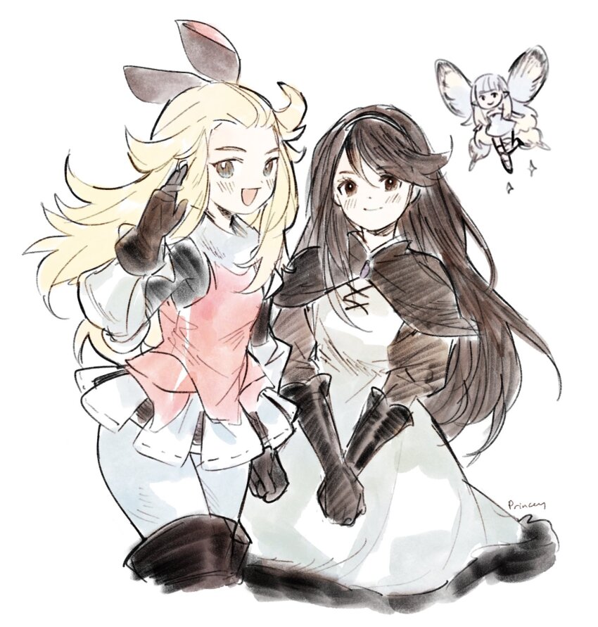 2girls agnes_oblige airy_(bravely_default) armored_skirt aubz black_gloves blonde_hair blue_eyes bow bravely_default:_flying_fairy bravely_default_(series) brown_eyes brown_hair capelet dress edea_lee elbow_gloves fairy gloves hair_bow hair_pulled_back hairband highres long_hair multiple_girls pants red_dress smile swept_bangs white_dress white_pants