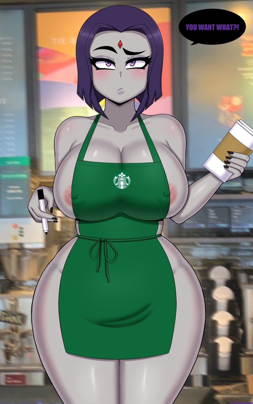 1girl absurdres apron areola_slip black_nails breasts cafe coffee colored_skin covered_erect_nipples cup disposable_cup drunkavocado english_text facing_viewer forehead_jewel grey_skin highres iced_latte_with_breast_milk_(meme) large_breasts looking_at_viewer meme naked_apron public_indecency purple_eyes purple_hair raven_(dc) short_hair solo thick_thighs thighs wide_hips