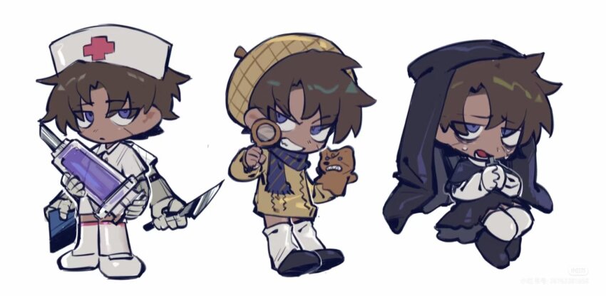 1boy bags_under_eyes beret black_veil brown_hat brown_sweater crossdressing crying dark-skinned_male dark_skin grin hat heathcliff_(project_moon) holding holding_magnifying_glass kageyamakira limbus_company looking_at_viewer magnifying_glass multicrack_office_(identity)_(project_moon) multiple_views nurse nurse_cap open_mouth project_moon scar scar_on_face shoes simple_background smile sweater syringe thighhighs veil white_background white_hat white_shoes white_thighhighs