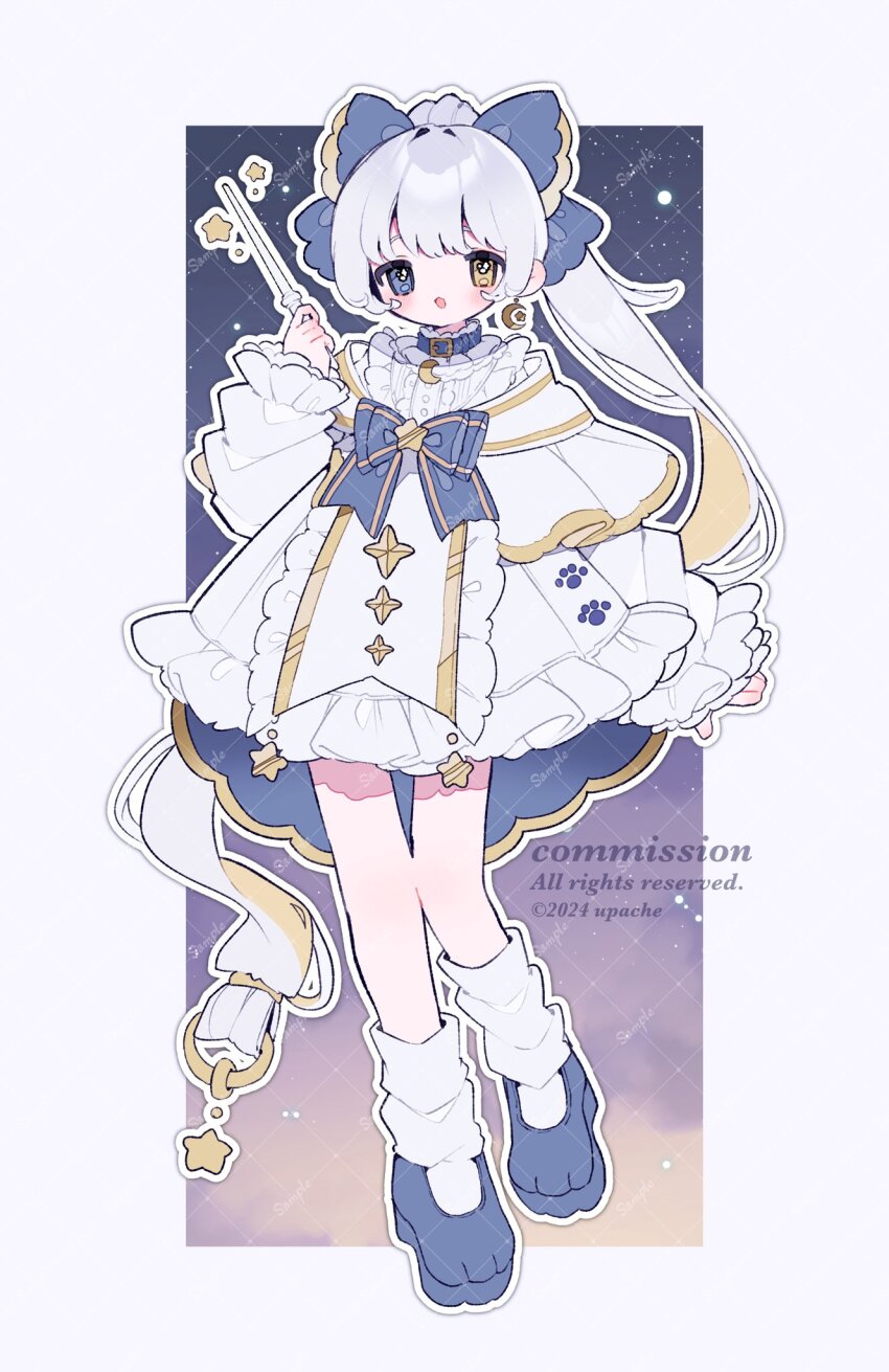 1girl :o artist_name blue_bow blue_bowtie blue_collar blue_eyes blue_shoes blush bow bowtie collar commentary commission crescent crescent_earrings dress earrings frilled_dress frilled_sleeves frills full_body grey_hair hair_bow heterochromia highres jewelry long_hair long_sleeves looking_at_viewer open_mouth original outline ponytail shoes single_earring socks solo standing standing_on_one_leg upache watermark white_dress white_outline white_socks yellow_eyes