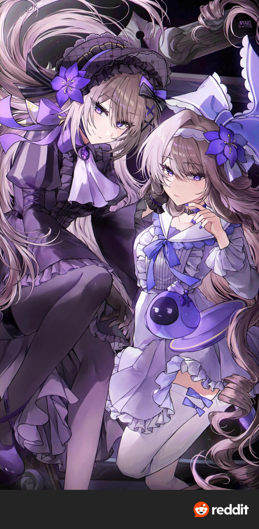 2girls absurdres bonnet bow bowtie dress dual_persona flower frilled_dress frilled_sleeves frills hair_ornament herta_(honkai:_star_rail) herta_(puppet)_(honkai:_star_rail) herta_(puppet)_(tea_break)_(honkai:_star_rail) herta_(simulated_universe_avatar)_(honkai:_star_rail) highres honkai:_star_rail honkai_(series) long_hair md5_mismatch multiple_girls nyari plate puffy_sleeves purple_bow purple_bowtie purple_eyes purple_flower purple_nails purple_shoes resolution_mismatch shoes source_smaller the_herta_(honkai:_star_rail) the_herta_(tea_break)_(honkai:_star_rail) thighhighs x_hair_ornament