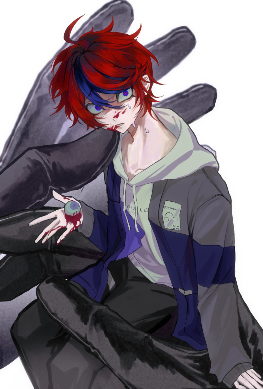 2boys ahoge aotsuki_eito black_gloves black_streaks blood blood_on_face blood_on_hands blue_eyes blue_jacket chinese_commentary crying drawstring gloves grey_jacket highres holding holding_eyeball holding_mini_person hood hoodie jacket jacket_over_hoodie male_focus mini_person miniboy multicolored_hair multicolored_jacket multiple_boys open_clothes open_jacket out_of_frame purple_eyes red_hair short_hair shuliphytiao simple_background sitting streaked_hair sumino_takumi tears the_hundred_line_-last_defense_academy- two-tone_jacket white_hoodie