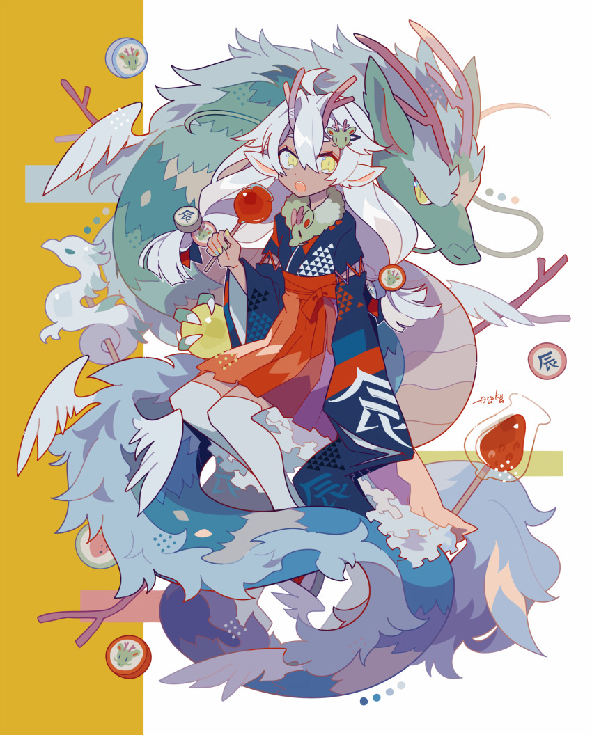 1girl :o animal_ears auko black_kimono candy_apple color_guide commentary_request dark-skinned_female dark_skin dragon dragon_girl dragon_hair_ornament dragon_horns eastern_dragon food full_body fur_collar hakama hakama_skirt highres horns japanese_clothes kimono long_hair long_sleeves looking_at_viewer original red_skirt simple_background skirt stick thighhighs two-tone_background white_background white_hair white_thighhighs wide_sleeves yellow_background yellow_eyes