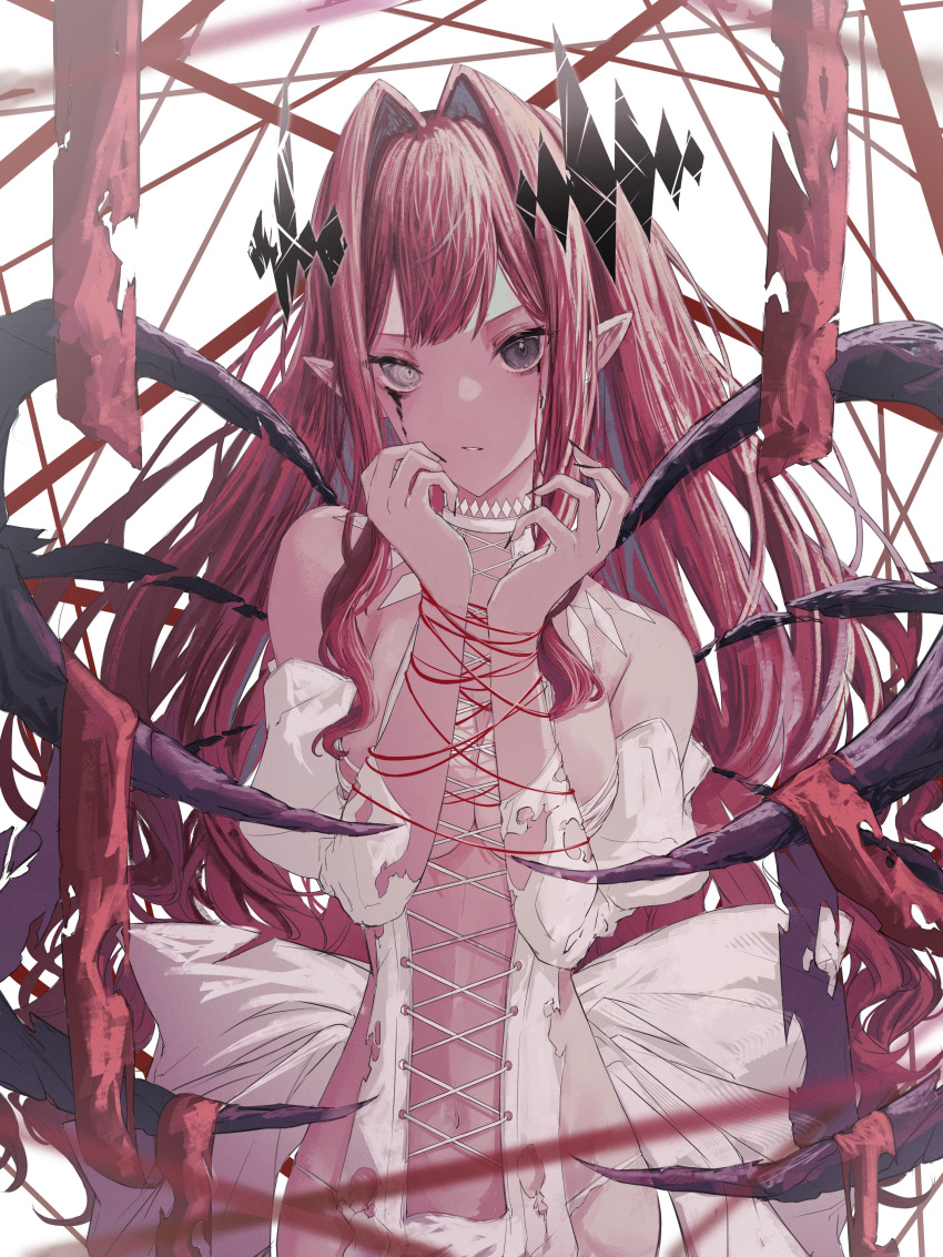 1girl absurdres baobhan_sith_(fate) baobhan_sith_(third_ascension)_(fate) bare_shoulders black_eyes breasts cross-laced_clothes detached_sleeves dress facial_mark fate/grand_order fate_(series) grey_eyes heterochromia highres long_hair looking_at_viewer medium_breasts pink_hair pointy_ears revealing_clothes sidelocks solo white_dress yagi_(yagi5art)
