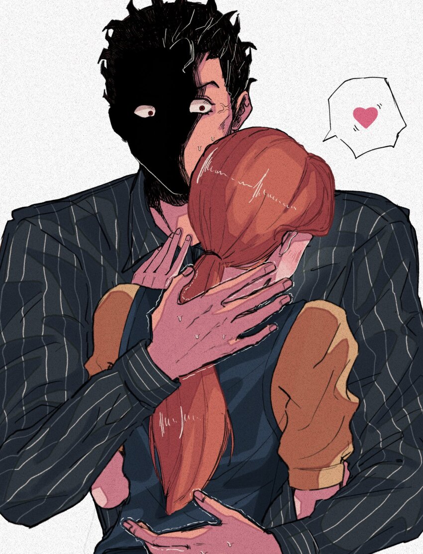 1boy 1girl black_hair blush brown_hair diamond_wa_kudakenai heart highres hug jojo_no_kimyou_na_bouken kawajiri_kosaku kawajiri_shinobu kira_yoshikage long_sleeves omusugi_daro pinstripe_pattern pinstripe_shirt ponytail shaded_face shirt short_hair spoken_heart sweat wide-eyed
