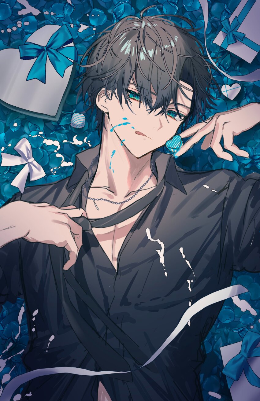 1boy absurdres aqua_eyes black_hair black_necktie black_shirt blue_petals blue_ribbon box chain chain_necklace chocolate clothes_grab clothes_pull collarbone colored_eyelashes commentary_request eyeshadow food gift gift_box hair_between_eyes heart-shaped_box highres holding holding_chocolate holding_food huzurina_suruba jewelry looking_at_viewer lying makeup male_focus necklace necktie necktie_grab neckwear_grab on_back on_petals original red_eyeshadow ribbon shirt shirt_pull short_hair smearing solo tongue tongue_out upper_body white_day white_ribbon