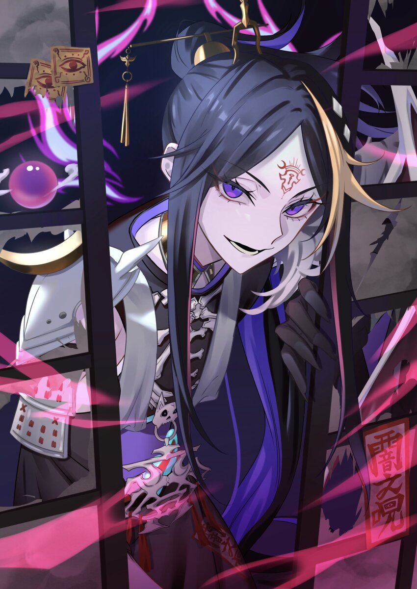 1boy arm_up armor black_gloves black_hair black_robe black_shirt blonde_hair bone commentary_request eyelashes facial_mark fingernails fire forehead_mark gloves hair_ornament high_ponytail highres japanese_armor long_fingernails long_hair looking_at_viewer male_focus multicolored_hair nijisanji nijisanji_en official_alternate_costume ofuda open_mouth orb parted_bangs pink_hair ponytail purple_eyes purple_fire purple_hair robe sharp_fingernails shirt shouji shoulder_armor shu_yamino shu_yamino_(2nd_costume) sidelocks skull sliding_doors smile sode solo standing streaked_hair tassel teeth tsugu_(tsugu_823) virtual_youtuber