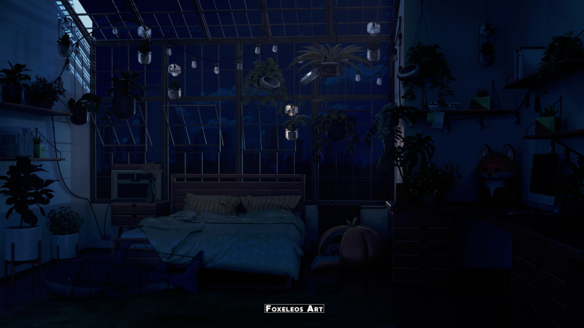 3d absurdres bed blanket blender_(medium) building cable carpet cat commentary desk electrical_outlet english_commentary foxeleos highres indoors computer_keyboard light_bulb monitor computer_mouse mousepad_(object) night night_sky no_humans open_window original photoshop_(medium) pillow plant radiator scenery sky string stuffed_animal stuffed_toy wall watermark window wooden_floor