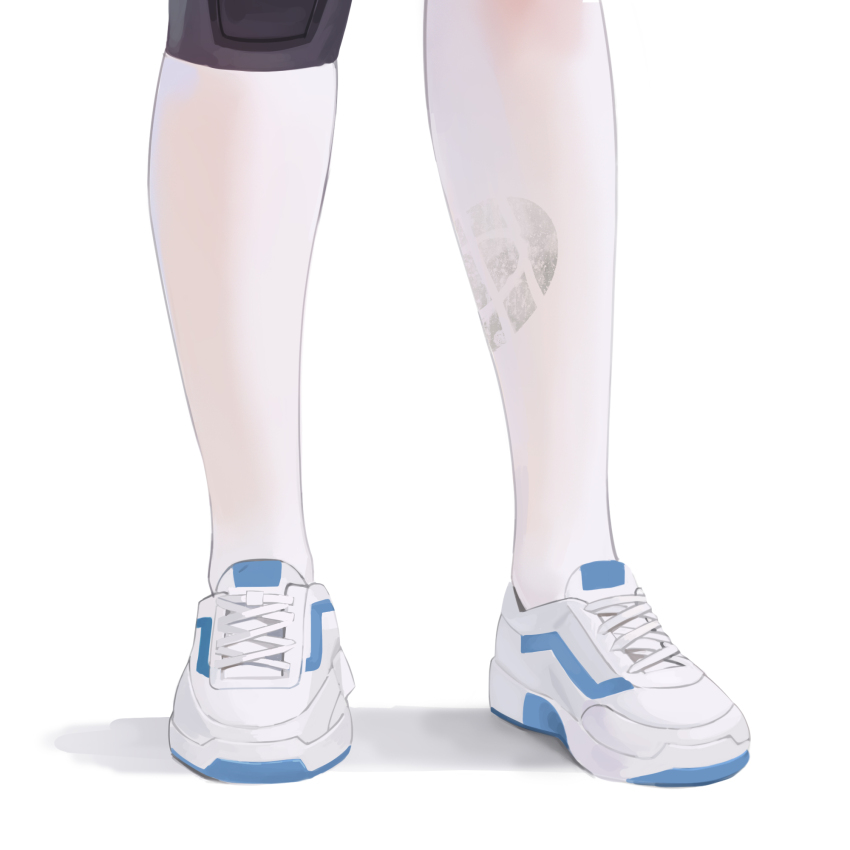 1girl blue_archive chinese_commentary close-up commentary footwear_focus highres knee_guards legs making-of_available miyu_(blue_archive) shadow shoe_print shoelaces shoes simple_background sneakers solo white_background white_shoes