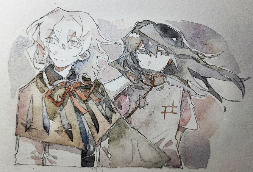 2girls aaayamitsu black_eyes black_hair black_shirt brown_capelet capelet chinese_commentary collared_shirt commentary_request grey_vest haru_(len&#039;en) hexagram highres jacket len&#039;en long_hair long_sleeves medium_hair multiple_girls neck_ribbon open_clothes open_jacket painting_(medium) pink_shirt red_ribbon ribbon shirt shitodo_hoojiro short_sleeves star_of_david traditional_media vest watercolor_(medium) white_eyes white_jacket white_shirt