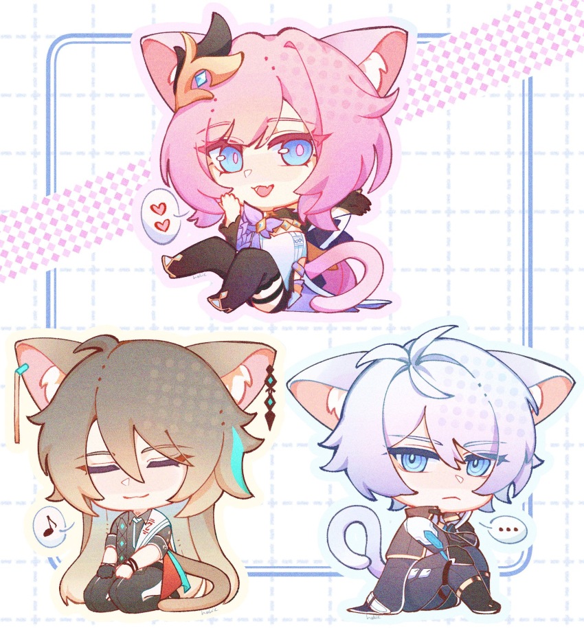 ... 1girl 2boys ahoge animal_ears birdsofpasssage black_boots black_jacket black_shirt blue_eyes boots cat_boy cat_ears cat_girl cat_tail chinese_commentary closed_eyes commentary_request corset elysia_(honkai_impact) elysia_(miss_pink_elf)_(honkai_impact) fang grey_hair hair_ornament heart highres honkai_(series) honkai_impact_3rd jacket kevin_kaslana long_hair multiple_boys pink_hair seiza shirt short_hair sitting skin_fang spoken_ellipsis spoken_heart su_(honkai_impact) tail white_background white_corset white_hair