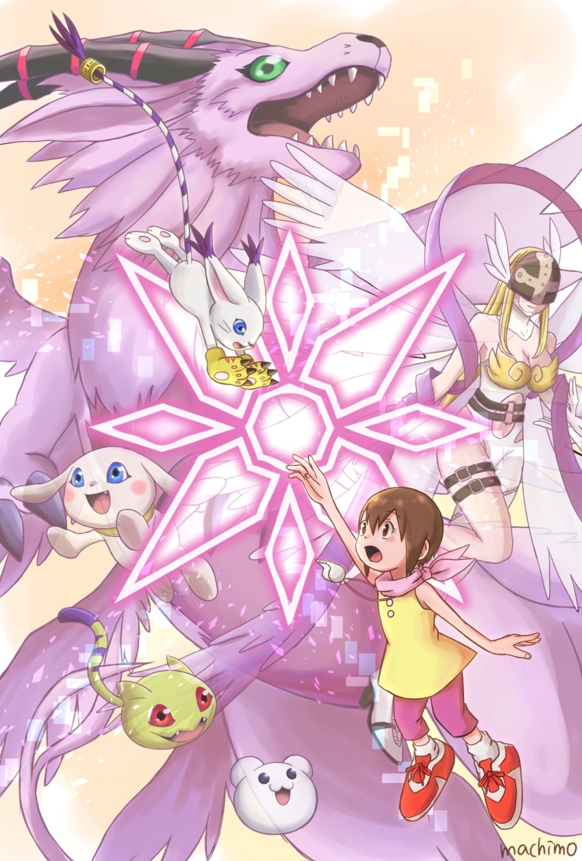 angel angel_girl angewomon animal_ears cat cat_ears digimon digimon_(creature) digimon_adventure evolutionary_line gloves head_wings highres holy_ring holydramon long_hair mask nyaromon plotmon tail tailmon wings yagami_hikari yukimibotamon