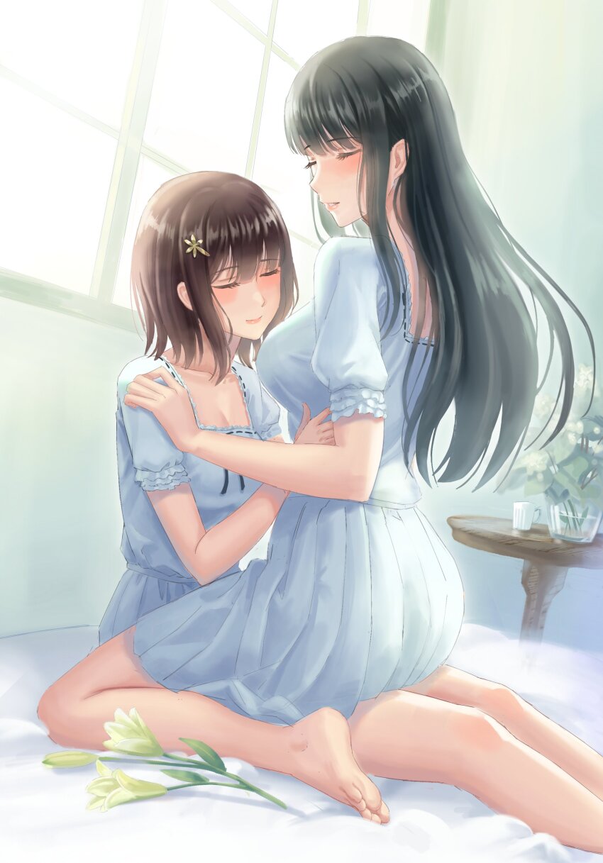 2girls absurdres black_hair breasts brown_hair cleavage closed_eyes dress flower flowers_(innocent_grey) hair_flower hair_ornament hand_on_another&#039;s_shoulder hand_on_another&#039;s_waist highres kneeling kousaka_mayuri light_smile lily_(flower) long_hair multiple_girls shirahane_suou short_hair sitting sunlight white_dress