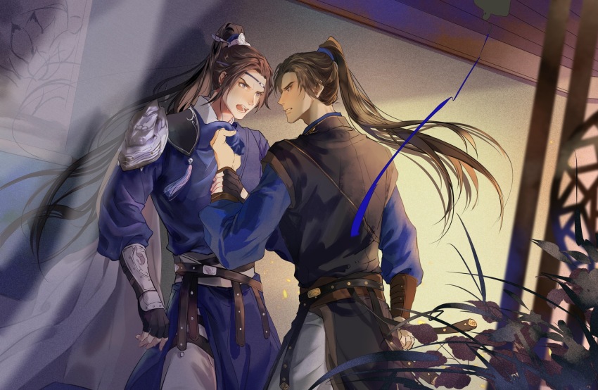2boys angry armor bacteriashintaro belt black_hair black_hanfu blue_eyes blue_hanfu blue_headband bracer chinese_clothes chinese_commentary clenched_hand clenched_teeth clothes_grab cowboy_shot crying crying_with_eyes_open erha_he_ta_de_bai_mao_shizun furrowed_brow hanfu hanging_scroll headband high_ponytail highres indoors long_hair long_sleeves looking_at_another male_focus mo_ran multiple_boys open_mouth pants plant ponytail purple_eyes sash scroll shoulder_armor tassel tears teeth white_pants xiao_guan_(headdress) xue_meng zhijupao