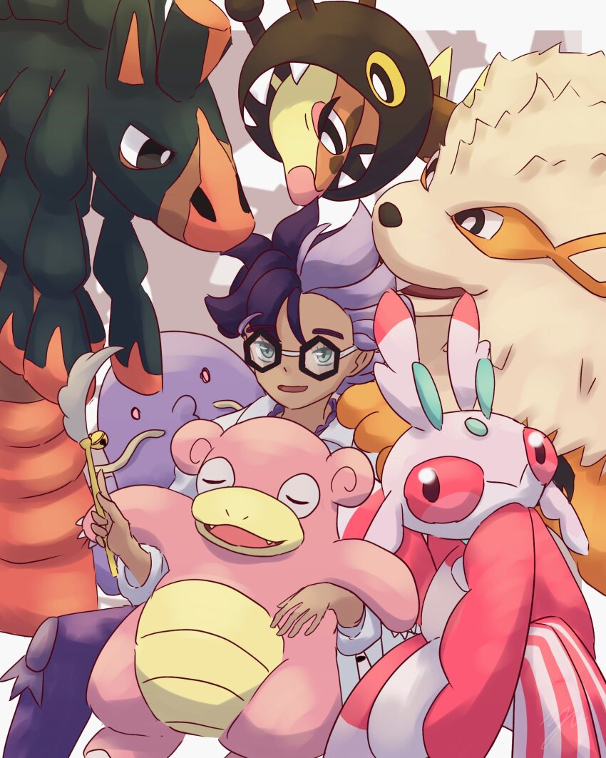 1boy absurdres arcanine closed_eyes colored_skin commentary_request eyelashes farigiraf gen_1_pokemon gen_3_pokemon gen_7_pokemon glasses grey_eyes highres horse jacq_(pokemon) lurantis mudsdale nintendo open_mouth pink_skin pokemon pokemon_(creature) pokemon_sv purple_hair purple_skin red_eyes slowpoke swalot yu_(pocketsun636)