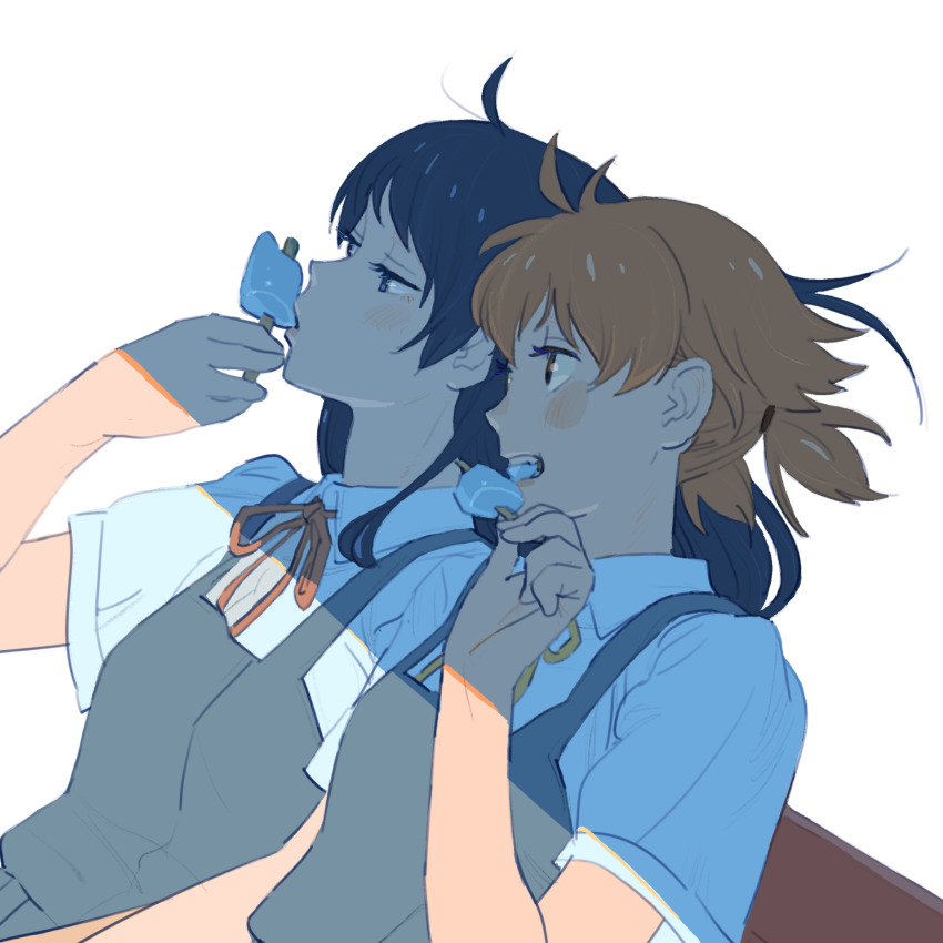 2girls 55bata6rou blue_hair collared_shirt dress food from_side hand_up highres holding holding_food holding_popsicle koito_yuu long_hair low_twintails multiple_girls nanami_touko neck_ribbon open_mouth orange_hair pinafore_dress popsicle profile red_ribbon ribbon school_uniform shirt short_hair short_sleeves short_twintails sleeveless sleeveless_dress summer_uniform tohmi_higashi_high_school_uniform twintails upper_body white_shirt wind yagate_kimi_ni_naru