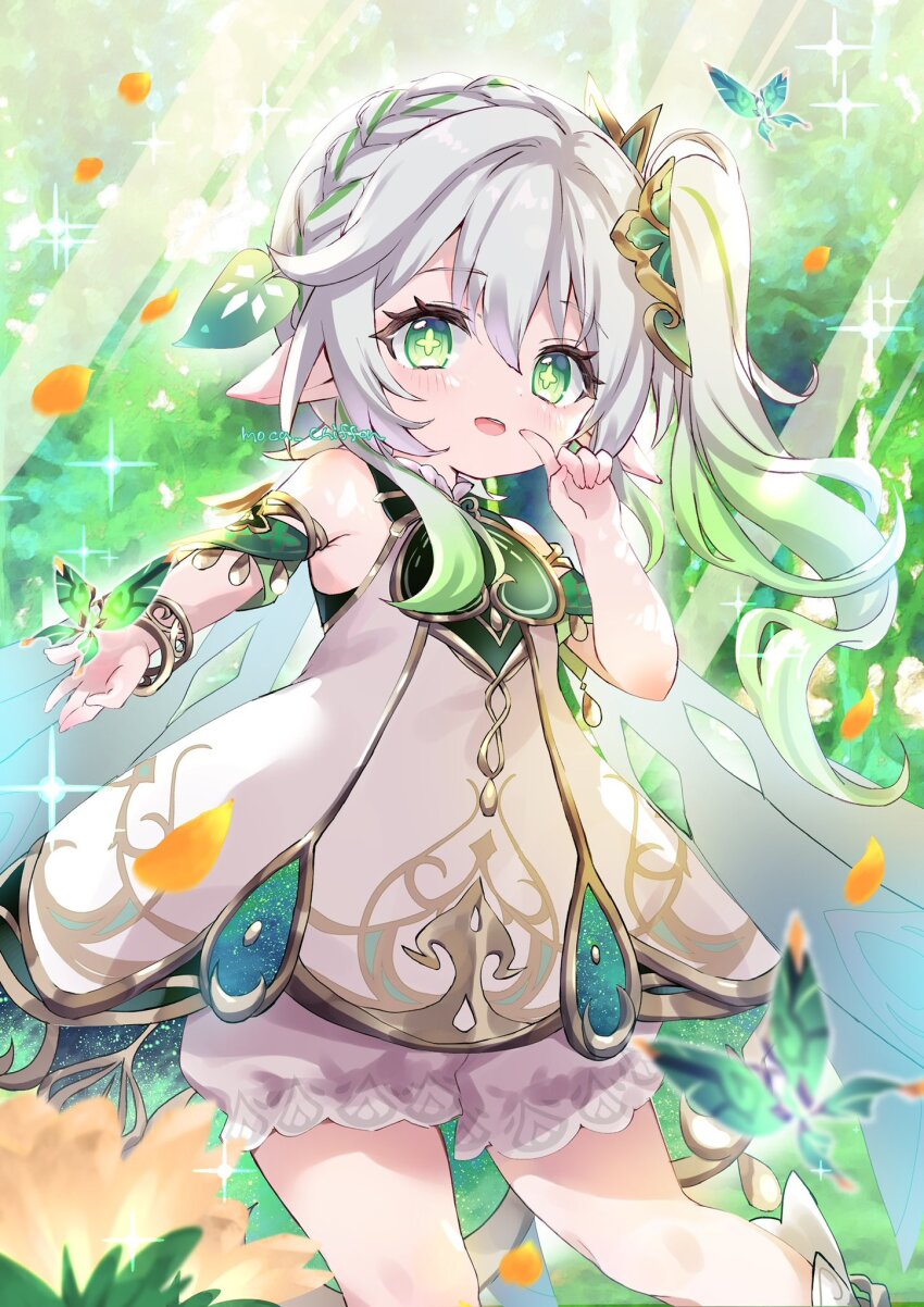 1girl bare_shoulders bloomers blush bracelet commentary_request crystalfly_(genshin_impact) detached_sleeves dress feet_out_of_frame genshin_impact gold_trim gradient_hair green_eyes green_hair green_sleeves hair_between_eyes hair_ornament hand_up highres jewelry leaf_hair_ornament long_hair looking_at_viewer moca_chiffon multicolored_hair nahida_(genshin_impact) open_mouth pointy_ears side_ponytail sleeveless sleeveless_dress solo symbol-shaped_pupils underwear white_bloomers white_dress white_hair