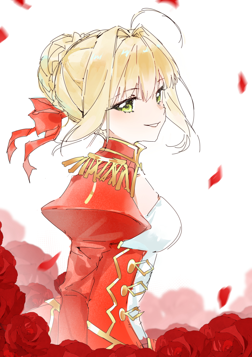1girl absurdres blonde_hair breasts corset dress epaulettes falling_petals fate/grand_order fate_(series) flower full_body green_eyes hair_bun highres large_breasts looking_at_viewer nero_claudius_(fate) parted_lips petals red_corset red_flower red_ribbon red_rose ribbon rose rose_petals sidelocks simple_background single_hair_bun single_side_bun smile solo standing user_fmvs5284 white_background
