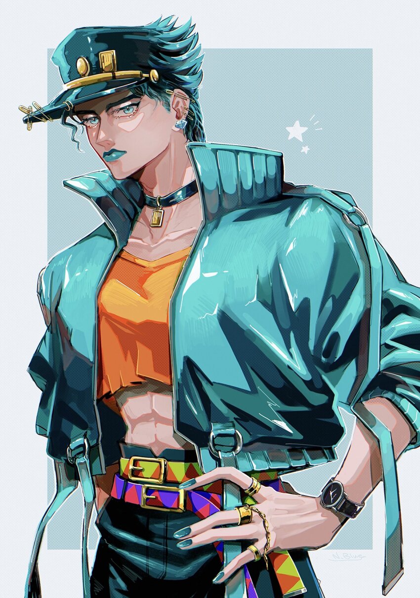 1boy abs aqua_eyes aqua_hair aqua_jacket aqua_lips aqua_nails belt choker collarbone commentary_request crop_top diamond_earrings earrings hand_on_own_hip hat high-waist_pants highres jacket jewelry jojo_no_kimyou_na_bouken kuujou_joutarou male_focus midriff nail_polish natchan_blue_(nanairopenki) pants ring solo star_(symbol) stardust_crusaders upper_body watch wristwatch