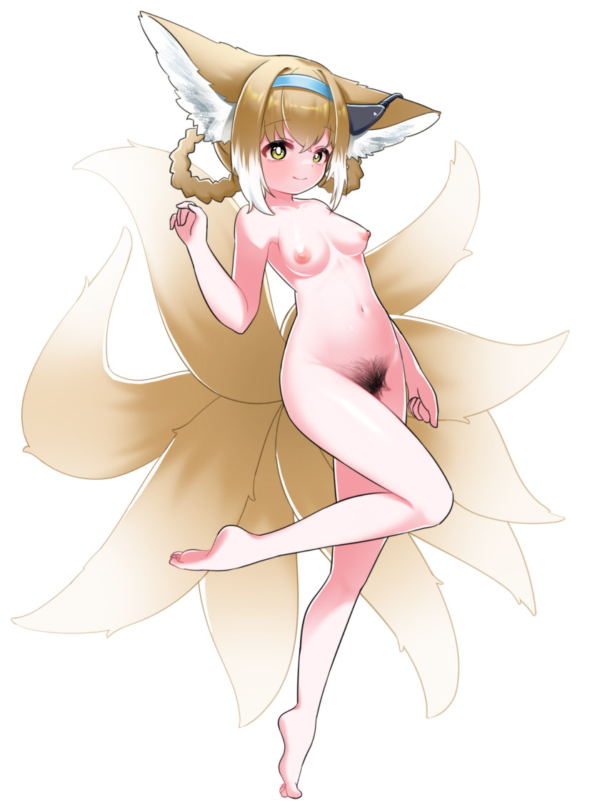 1girl animal_ears arknights blonde_hair breasts censored completely_nude excessive_pubic_hair female_pubic_hair fox_ears fox_tail fukai_(fukai0224) full_body hand_up highres leg_up looking_at_viewer mosaic_censoring multiple_tails nipples nude pubic_hair simple_background smile solo standing standing_on_one_leg suzuran_(arknights) tail white_background yellow_eyes