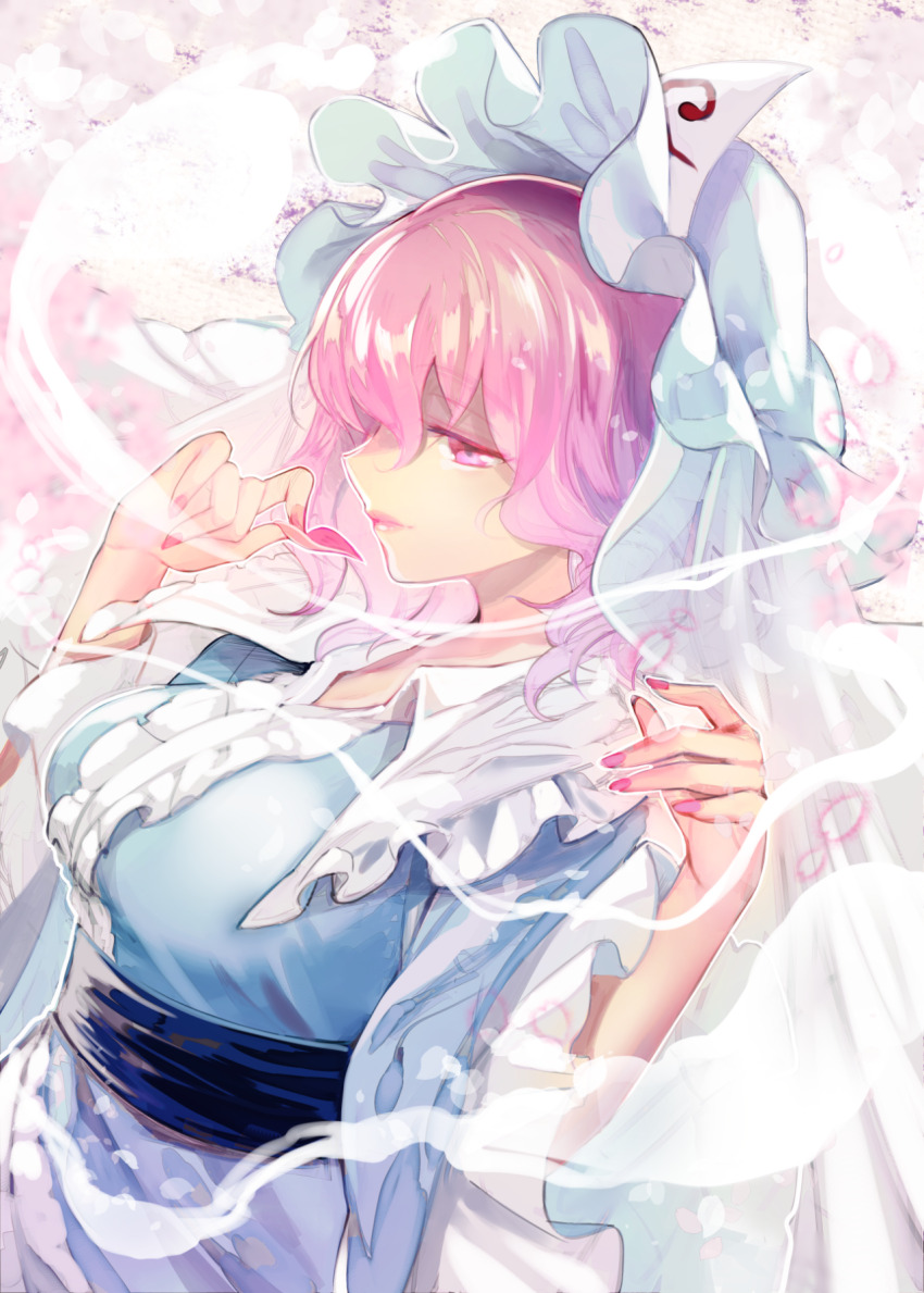 1girl blue_hat blue_kimono blue_sash breasts dutch_angle frilled_sleeves frills from_side hat highres hitodama holding holding_petal japanese_clothes kimono large_breasts long_sleeves medium_hair mob_cap nail_polish obi petals pink_eyes pink_hair pink_lips pink_nails saigyouji_yuyuko sash see-through_clothes see-through_veil solo touhou triangular_headpiece upper_body veil wide_sleeves yuki_(popopo)