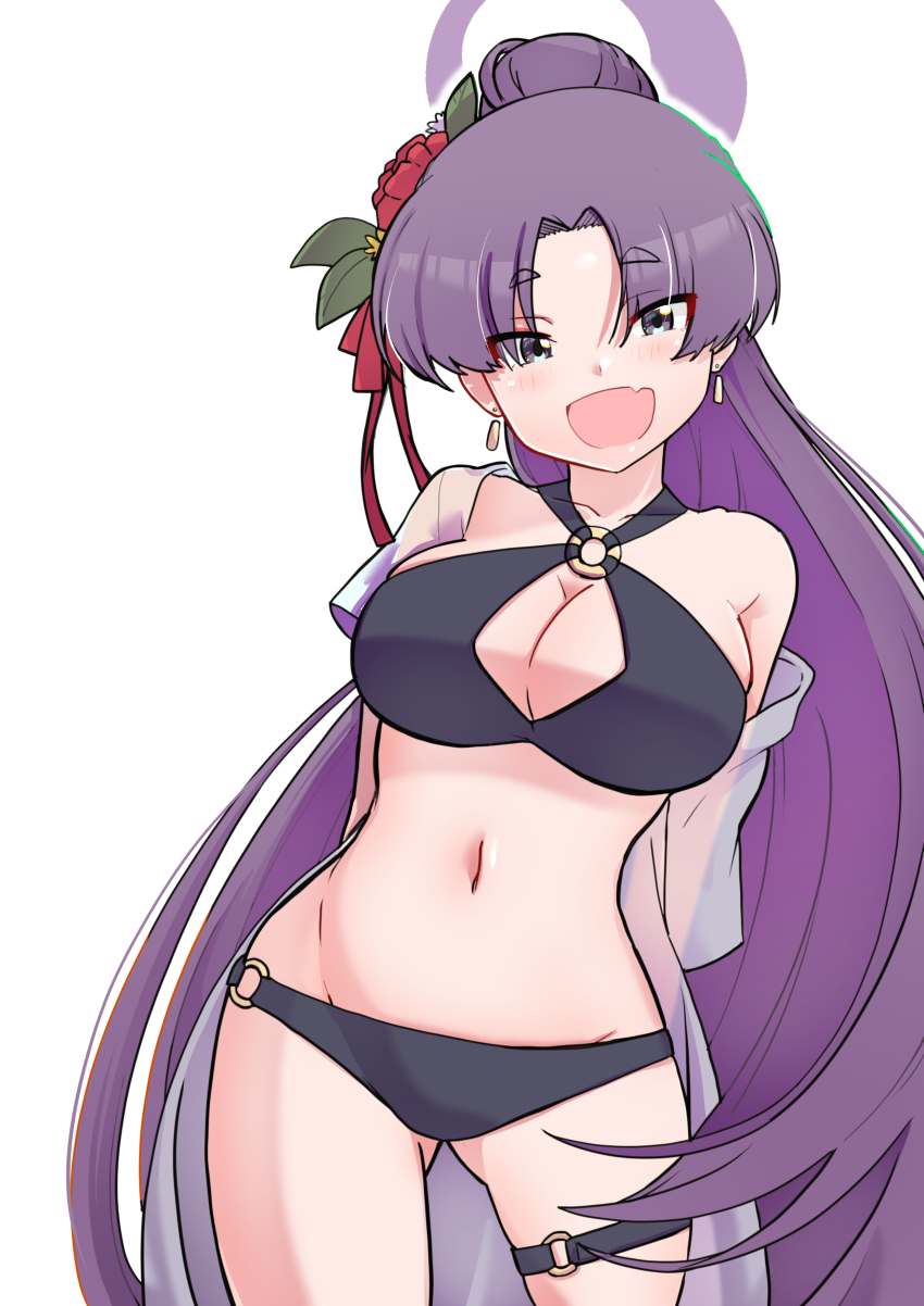 9-san absurdres bikini black_bikini blue_archive blush breasts eyeshadow fang flower gluteal_fold hair_flower hair_ornament highres jacket large_breasts long_hair makeup o-ring o-ring_bikini official_alternate_costume official_alternate_hairstyle open_clothes open_jacket open_mouth ponytail purple_eyes purple_hair red_eyeshadow see-through_clothes see-through_jacket skin_fang swimsuit thigh_strap yukari_(blue_archive) yukari_(swimsuit)_(blue_archive)