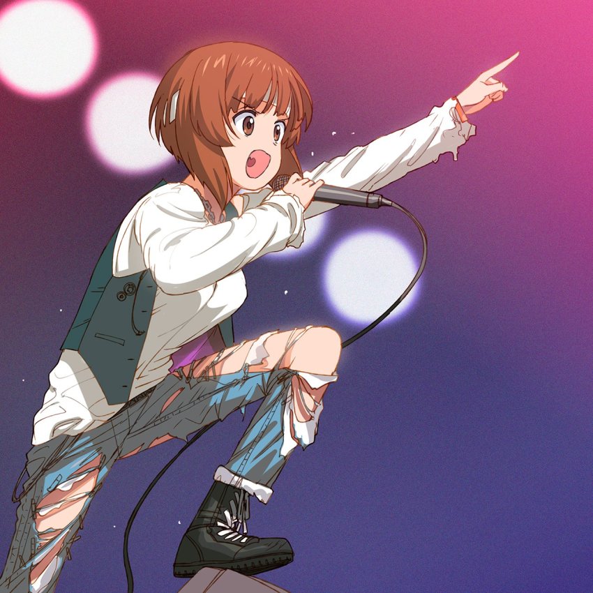 1girl a1_(initial-g) black_boots black_vest boots brown_eyes brown_hair chain commentary denim foot_up girls_und_panzer headband highres holding holding_microphone jeans lace-up_boots long_sleeves microphone nishizumi_miho open_clothes open_mouth open_vest pants pointing sex_pistols shirt short_hair smile solo standing torn_clothes torn_jeans torn_pants translated v-shaped_eyebrows vest white_headband white_shirt