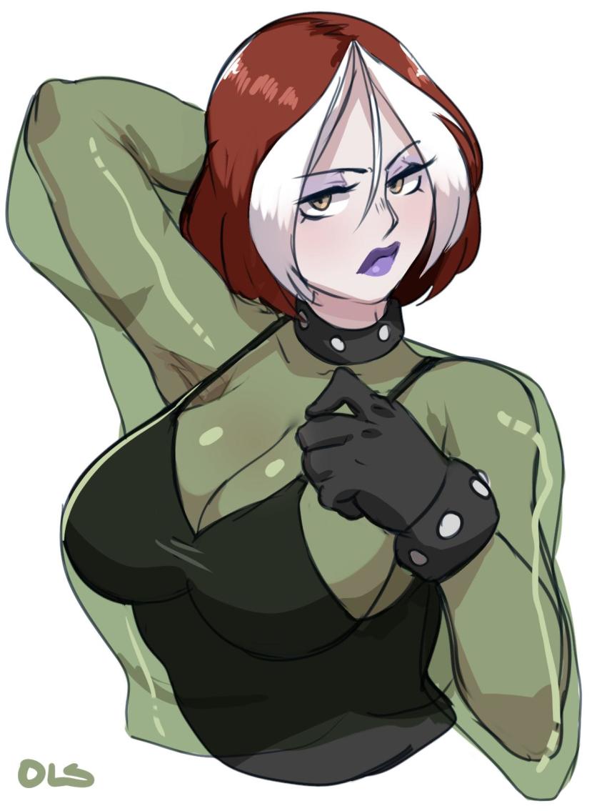 0lightsource 1girl breasts brown_hair choker cleavage female_focus gloves goth_fashion highres lipstick looking_at_viewer makeup marvel multicolored_hair rogue_(x-men) solo x-men x-men_evolution