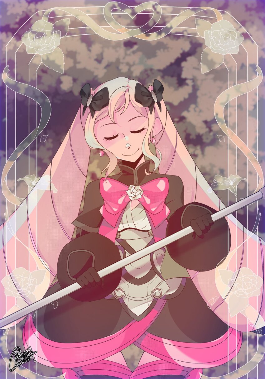 1girl black_bow black_dress bow closed_eyes closed_mouth commentary dress drill_hair earrings elise_(fire_emblem) english_commentary eyelashes fire_emblem fire_emblem_fates hair_bow highres holding holding_staff jewelry long_hair mugencosmonaut multiple_hair_bows nintendo pink_trim signature smile solo staff twin_drills twintails very_long_hair wide_sleeves