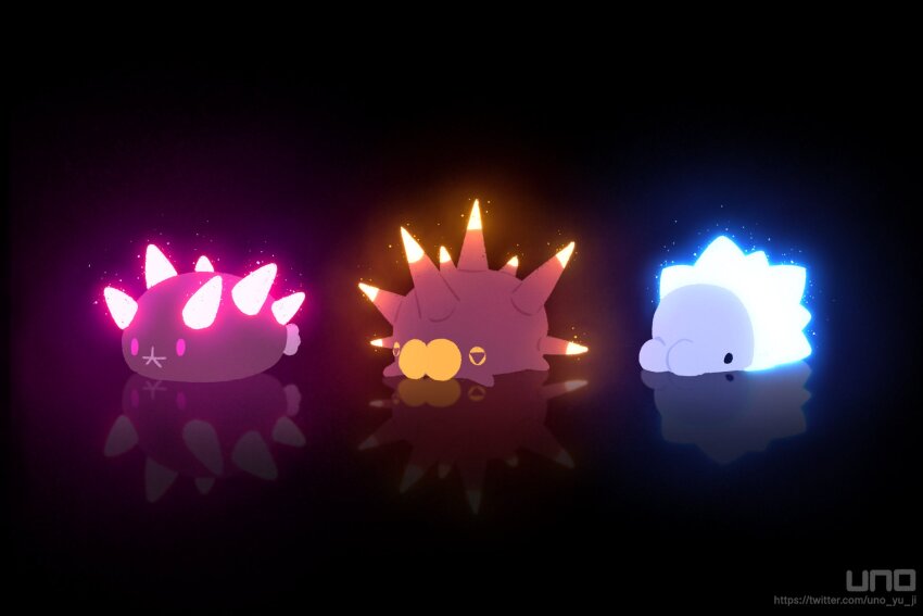 animal_focus artist_name bioluminescence black_background commentary_request dark_background full_body gen_7_pokemon gen_8_pokemon glowing highres karasuno_yui nintendo no_humans pincurchin pink_eyes pokemon pokemon_(creature) pokemon_focus pyukumuku reflection snom spikes symbol-shaped_pupils triangle-shaped_pupils twitter_username watermark web_address yellow_eyes
