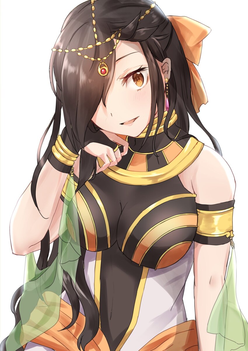1boy 51senre black_hair blush bow breasts bridal_gauntlets brown_eyes commentary_request crossdressing crossdressing_(mtf) dress earrings gold_choker gold_trim hair_bow hair_ornament hair_over_one_eye hand_on_own_cheek hand_on_own_face highres jewelry large_breasts light_blush long_hair looking_at_viewer natsuki_subaru natsumi_schwarz one_eye_covered open_mouth orange_bow orange_eyes re:zero_kara_hajimeru_isekai_seikatsu see-through_clothes simple_background solo trap white_background