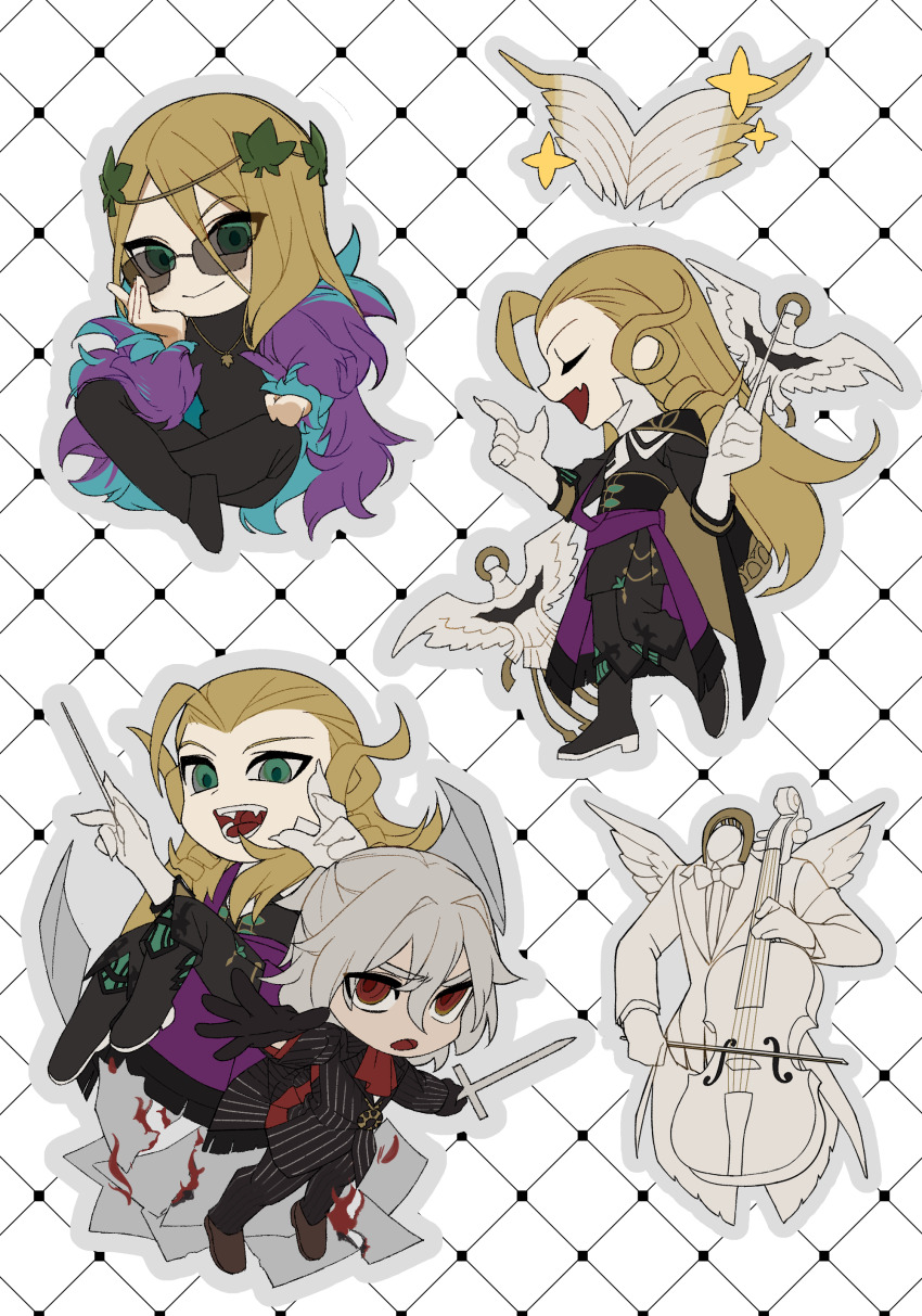 2boys :d absurdres alternate_costume angel antonio_salieri_(fate) antonio_salieri_(second_ascension)_(fate) ascot black_boots black_corset black_jacket black_pants black_shirt blonde_hair blue_feathers boots bow_(music) brown_shoes cello chibi closed_eyes closed_mouth commentary conductor_baton corset curly_hair english_commentary fang fate/grand_order fate_(series) feather_boa feathered_wings feathers fire formal_clothes full_body gloves green_eyes grey_outline grid_background hair_between_eyes hair_intakes hand_on_own_cheek hand_on_own_face hand_on_own_knee hands_up head_wreath highres holding holding_baton holding_instrument holding_knife holding_weapon indian_style instrument jacket knife leaf leaf_necklace long_hair long_sleeves looking_at_viewer male_focus multiple_boys music mysterious_mask_(fate) open_mouth outline outstretched_arm pants paper pinstripe_jacket pinstripe_pants pinstripe_pattern pinstripe_suit playing_instrument purple_feathers reaching reaching_towards_viewer red_ascot red_eyes shirt shoes simple_background sitting smile standing striped_clothes striped_jacket striped_pants suit thigh_boots vertical-striped_clothes vertical-striped_jacket vertical-striped_pants weapon white_background white_gloves white_shirt wings wolfgang_amadeus_mozart_(fate) yukkuri_(fumoyun)