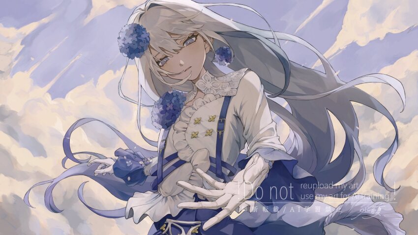 1girl artist_request blue_flower character_request cloud cloudy_sky collar collared_shirt commentary cowboy_shot ear_ornament floating_hair flower flower_ornament frilled_shirt frills gloves hair_flower hair_intakes hair_ornament hands_up highres hydrangea long_hair long_sleeves looking_at_viewer looking_down outstretched_hand parted_lips purple_eyes shirt shirt_flower sky solo upper_body very_long_hair white_collar white_gloves white_hair white_shirt