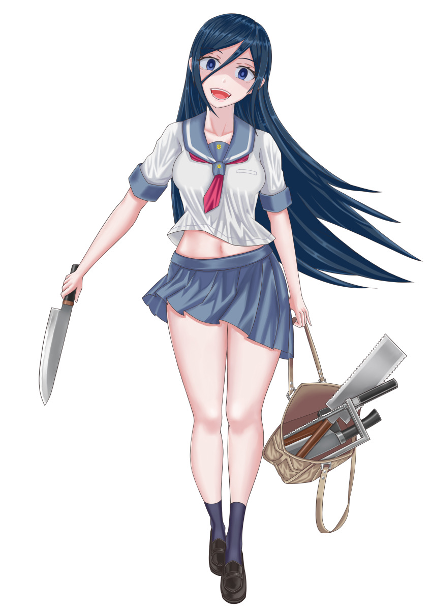 1girl :d absurdres aragaki_ayase bag blue_eyes blue_hair blue_skirt blue_socks breasts commentary_request crazy_smile empty_eyes false_smile full_body highres holding holding_knife japanese_saw kitchen_knife knife kousaka_kirino&#039;s_school_uniform long_hair long_legs looking_at_viewer medium_breasts midriff_peek navel open_mouth ore_no_imouto_ga_konna_ni_kawaii_wake_ga_nai raipy1004 saw school_uniform serafuku shiny_skin shoes skirt smile socks solo yandere