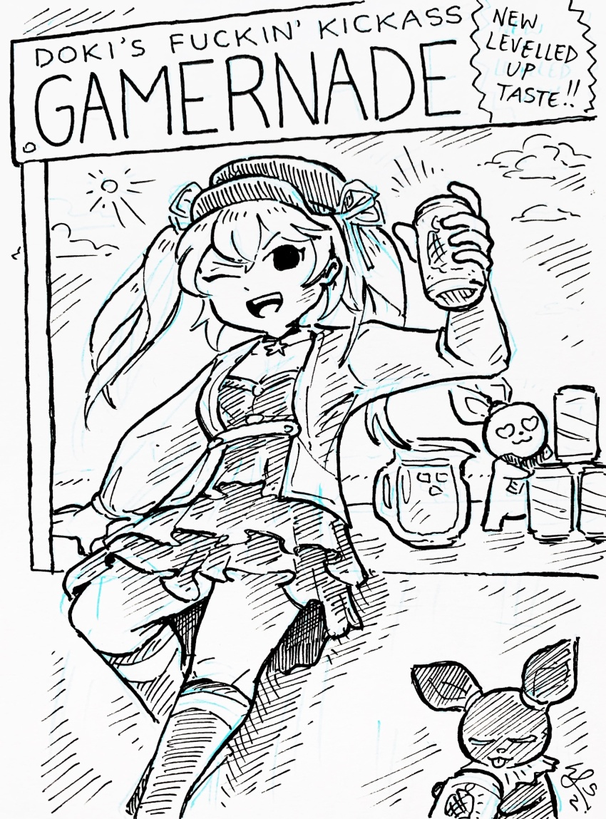 1girl bao_bao_(dokibird) can choker commentary cropped_jacket dokibird_(vtuber) dokibird_(vtuber)_(retro_doki) dress english_commentary english_text feet_out_of_frame greyscale hand_up hat highres holding holding_can indie_virtual_youtuber jacket layered_dress long_sleeves looking_at_viewer mei_mei_(dokibird) monochrome one_eye_closed open_clothes open_jacket open_mouth short_dress smile solo standing standing_on_one_leg star_(symbol) star_choker twintails virtual_youtuber william_leonard