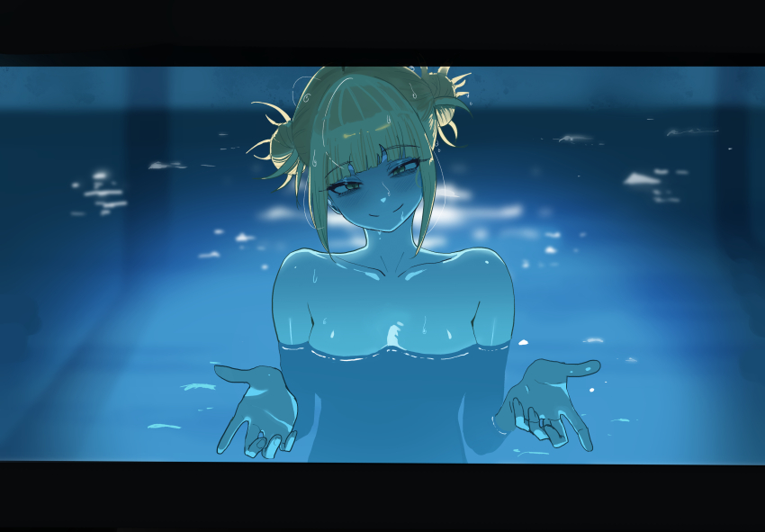1girl absurdres blonde_hair blunt_bangs boku_no_hero_academia breasts chainsaw_man closed_mouth double_bun hair_bun highres i&#039;ll_teach_you_everything_(chainsaw_man) looking_at_viewer medium_breasts messy_hair partially_submerged pool scene_reference sidelocks smile solo toga_himiko water yellow_eyes zd_(pixiv6210083)