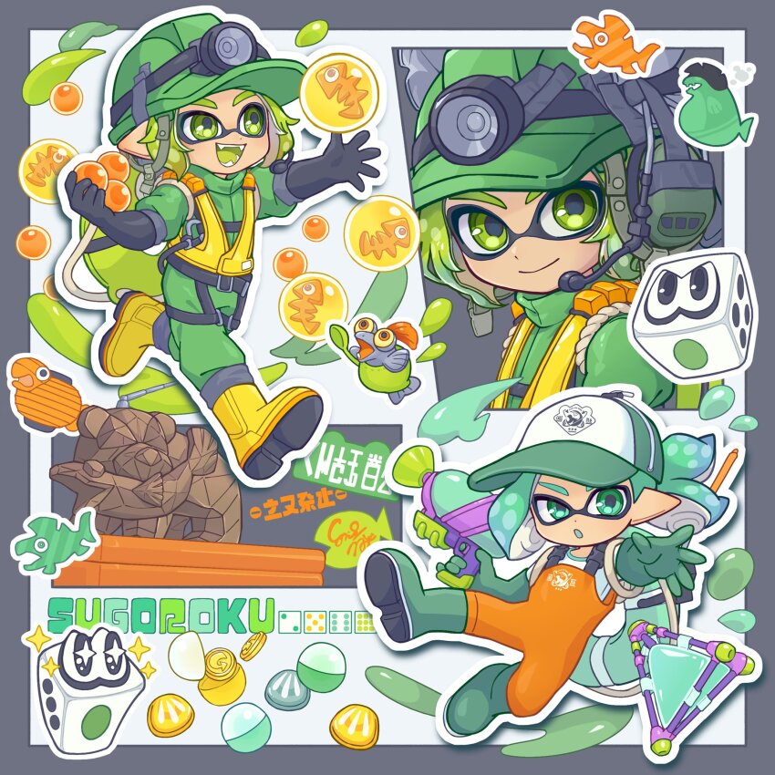 2boys baseball_cap boots border capsule collage colored_mouth dot_nose gloves golden_egg_(splatoon) grey_border hat highres inkling_boy inkling_player_character inset layered_clothes lifebuoy male_focus mr._grizz_(splatoon) multiple_boys nintendo nonokusu_(no2xnox) outline rubber_boots rubber_gloves salmon_run_(splatoon) smallfry_(splatoon) splatoon_(series) splattershot_(splatoon) sticker swim_ring tentacle_hair white_outline