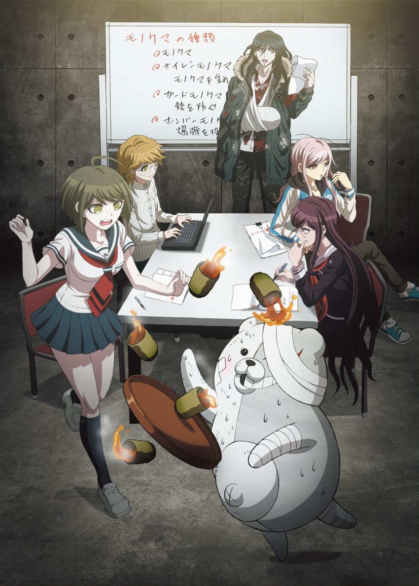 2boys 3girls ahoge artist_request bandage_on_face bandaged_arm bandaged_head bandaged_leg bandages bear black_hair black_pants black_serafuku black_shirt black_skirt black_socks blue_sailor_collar blue_shoes blue_skirt brown_eyes brown_hair cast cigarette closed_mouth collared_shirt computer cup danganronpa_(series) danganronpa_another_episode:_ultra_despair_girls drink eyelashes fujisaki_taichi fukawa_toko glasses green_eyes green_hair grey_shoes hagakure_hiroko highres holding holding_pen indoors jacket kneehighs laptop long_hair long_sleeves mole mole_under_mouth multiple_boys multiple_girls naegi_komaru neckerchief necktie official_art open_clothes open_jacket open_mouth pants paper pen pink_hair purple_hair red_neckerchief red_necktie sailor_collar school_uniform serafuku shirokuma_(danganronpa) shirt shoes short_hair short_sleeves sitting skirt smile socks standing standing_on_one_leg steam sweat table teeth third-party_source torn_clothes torn_neckerchief torn_pants towa_haiji translation_request tray upper_teeth_only very_long_hair white_sailor_collar white_shirt whiteboard